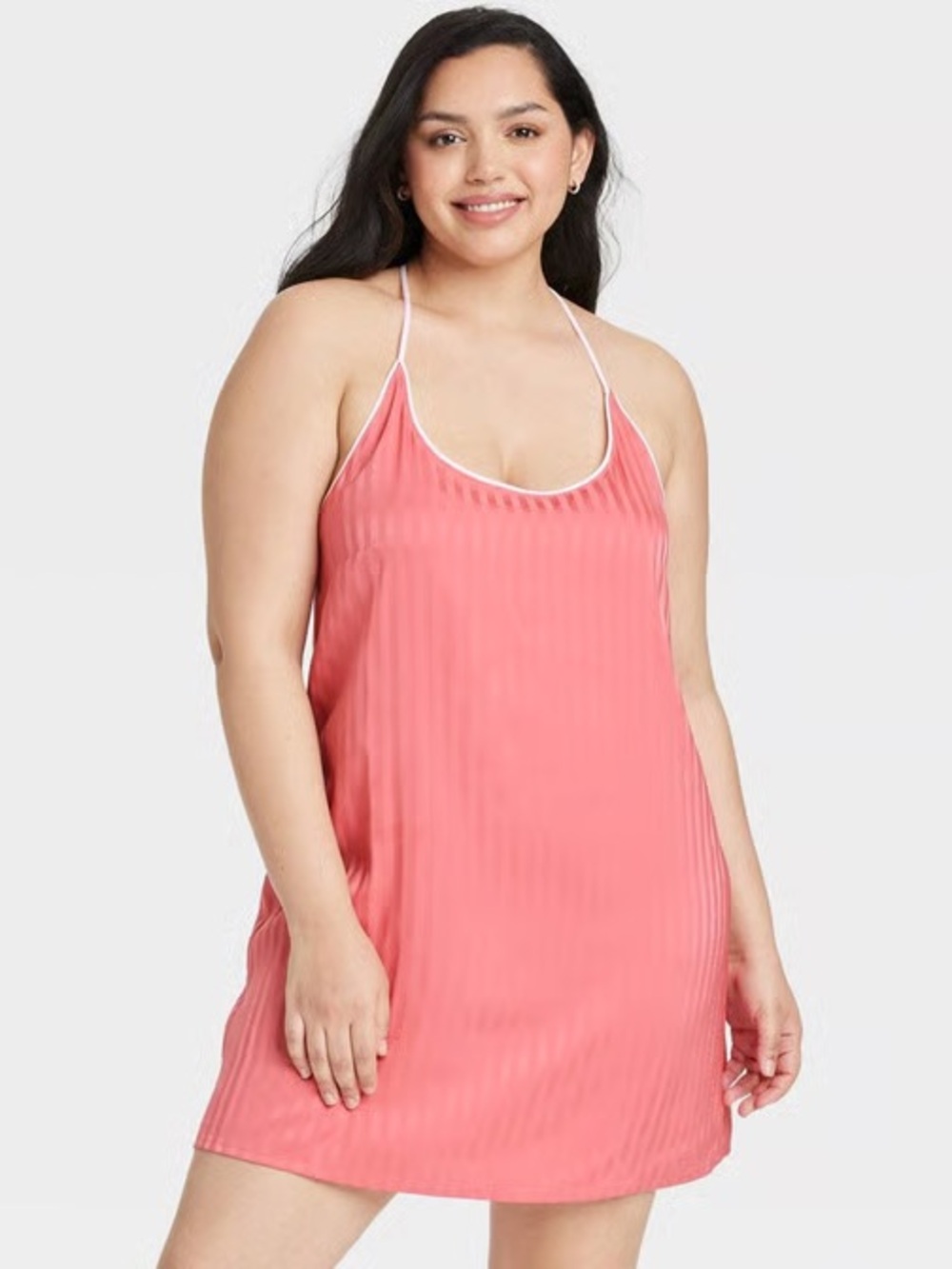 Auden Coral Pink Satin Chemise with Contrast Trim